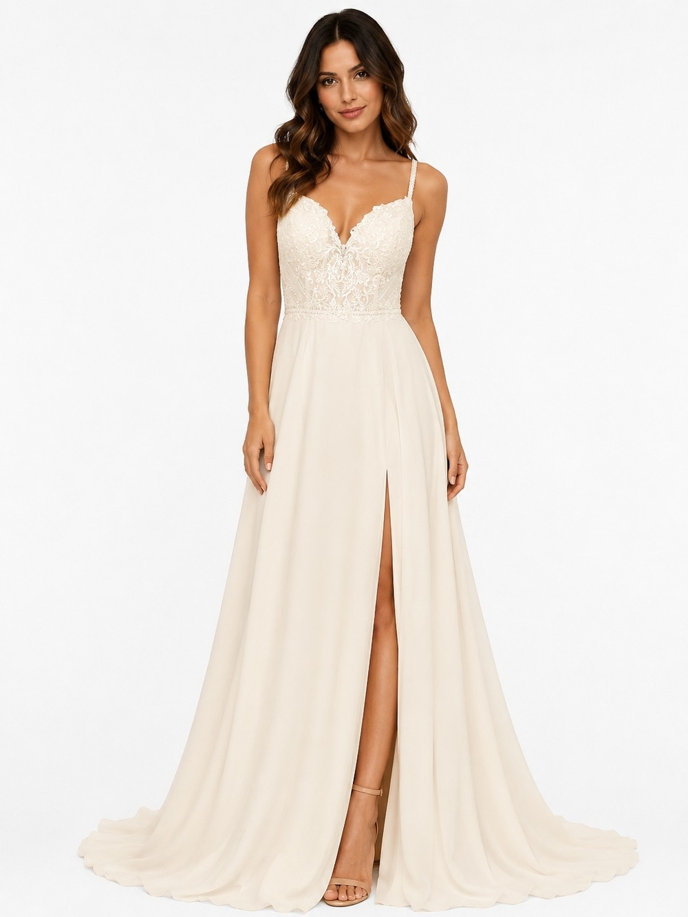 Lace Bodice Spaghetti Strap Wedding Gown in Cream